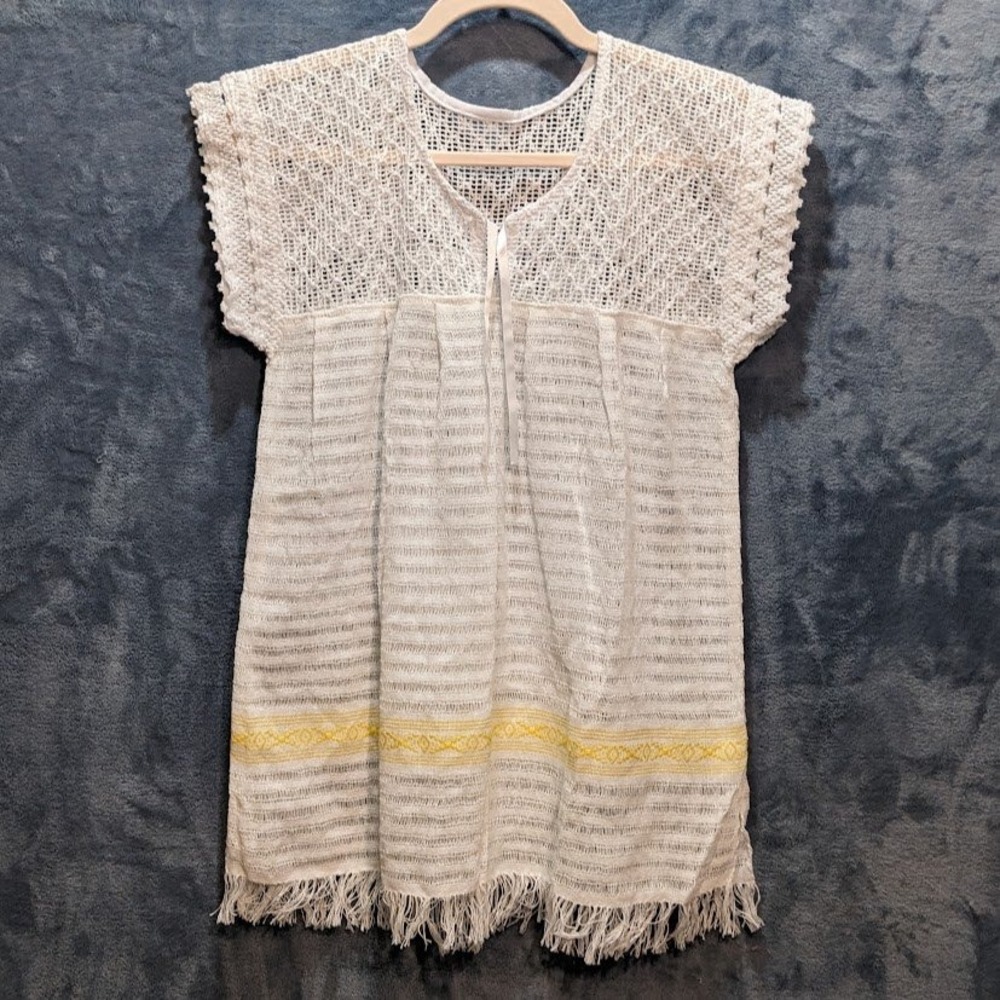Vintage Mexican Huipil Boho Crochet Lace Fringed Tunic Top White Yellow Trim